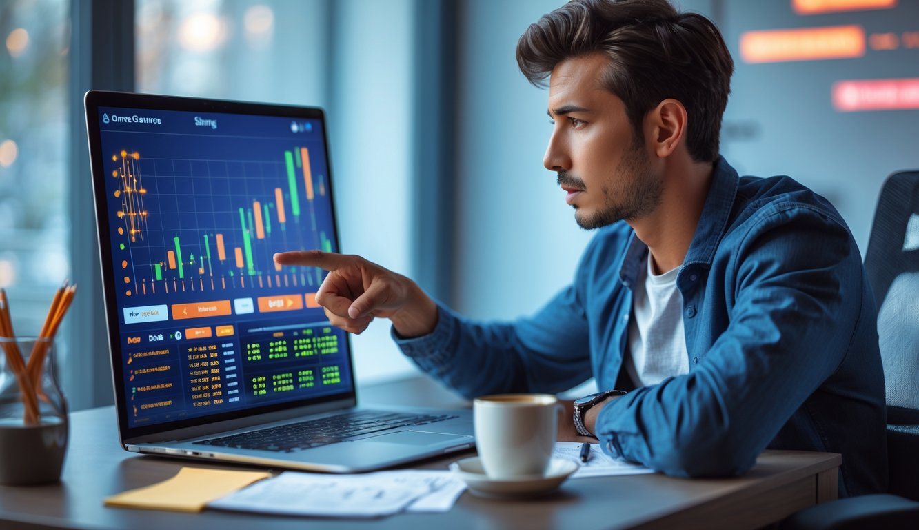 Seorang pria muda duduk di meja dengan laptop, menganalisis strategi permainan slot online dengan fokus.