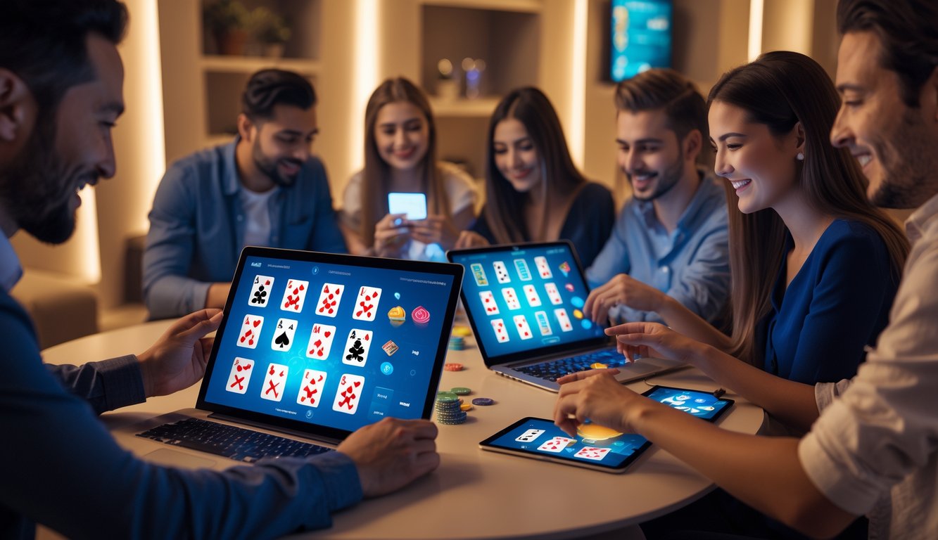 Sekelompok orang bermain kartu klasik secara online menggunakan laptop dan tablet di ruangan yang nyaman dan terang.