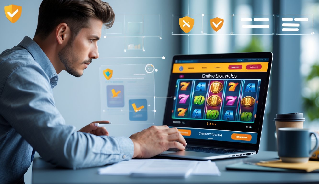 Seorang pria muda duduk di meja dengan laptop, fokus mempelajari permainan slot online dalam ruangan yang terang dan rapi.