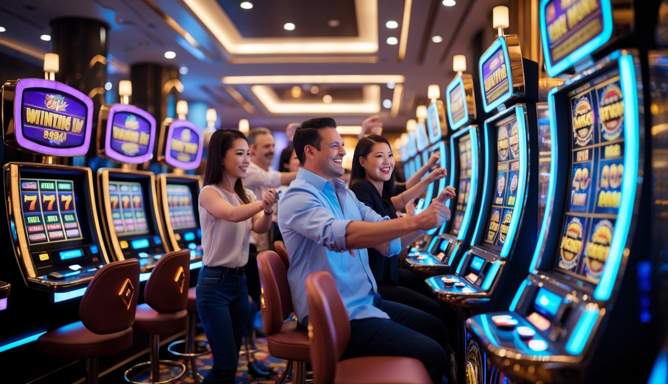 Orang-orang bermain mesin slot di dalam kasino yang modern dan terang dengan suasana yang menyenangkan.