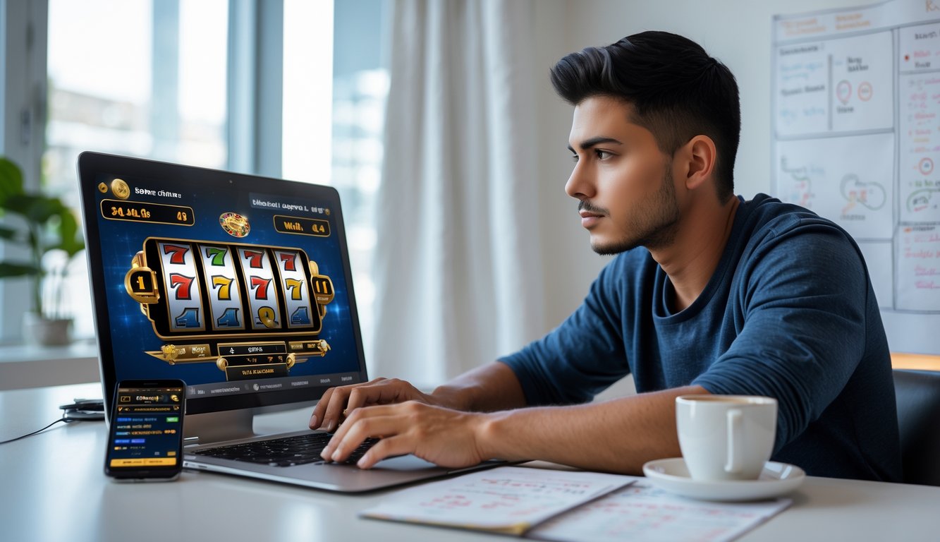 Seorang pria muda duduk di meja dengan laptop yang menampilkan permainan slot online, terlihat fokus dan serius belajar strategi bermain.