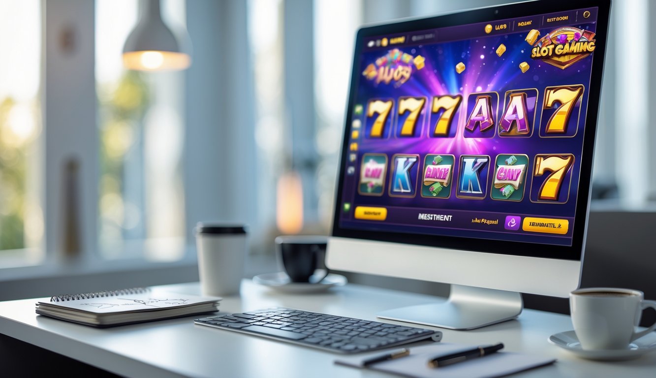 Seorang pria duduk di depan komputer dengan layar menampilkan permainan slot online berwarna-warni, di meja terdapat buku catatan dan secangkir kopi.
