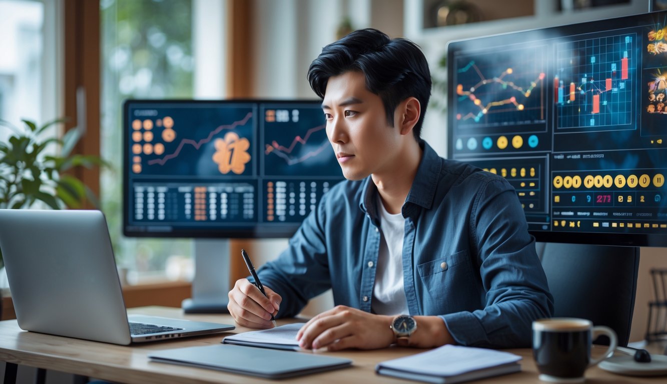 Seorang pria muda fokus duduk di meja kerja dengan beberapa layar komputer menampilkan grafik dan data, sedang merencanakan strategi bermain togel online.