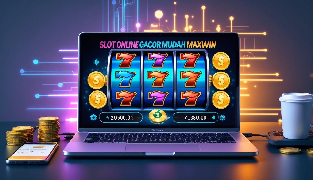 Seorang pengguna sedang bermain mesin slot online di komputer dengan simbol kemenangan di layar, di meja juga terdapat ponsel dan secangkir kopi.