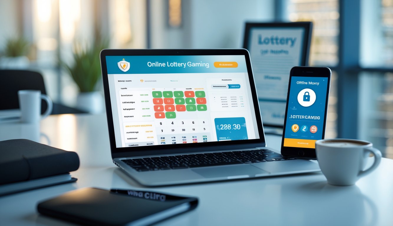 Meja kerja modern dengan laptop dan smartphone yang menampilkan antarmuka situs togel online, dengan suasana kantor yang terang dan profesional.