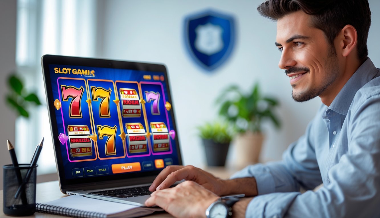 Seorang pria muda duduk di meja modern sambil bermain permainan slot online di laptop dengan ekspresi fokus dan tenang.