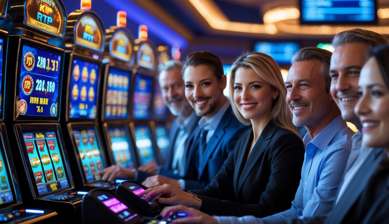 Orang-orang bermain mesin slot di dalam kasino modern dengan suasana ceria dan profesional.