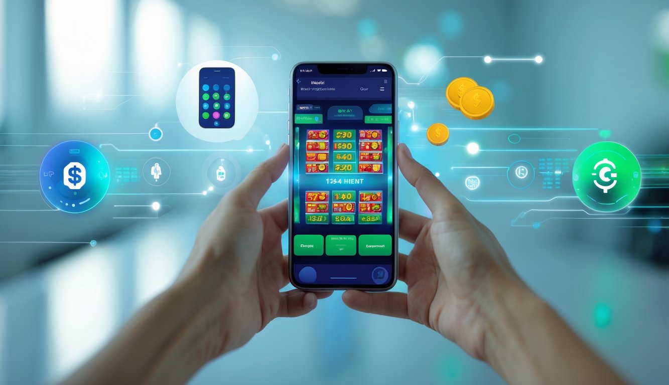 Seseorang memegang ponsel yang menampilkan permainan slot online dengan ikon pulsa dan simbol pembayaran di latar belakang.