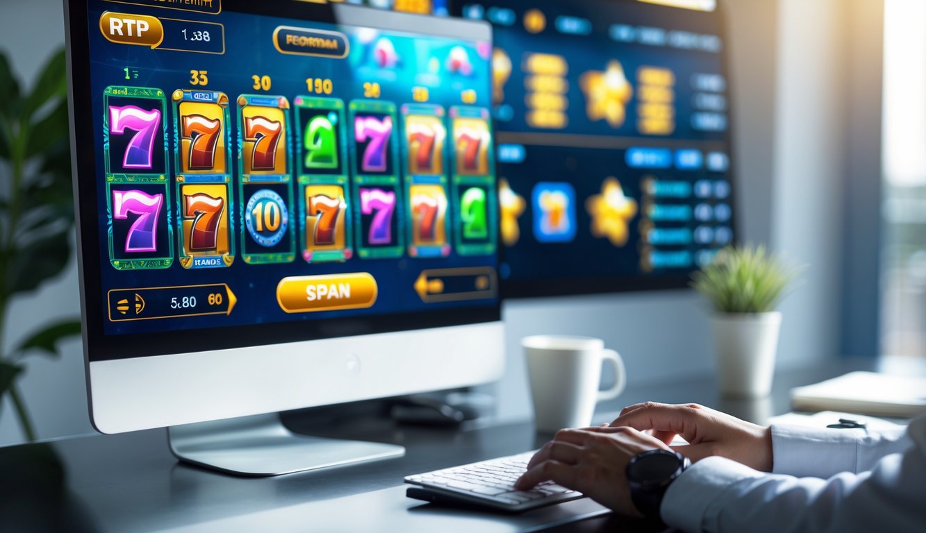 Seorang pemain menggunakan komputer dengan layar menampilkan permainan slot online, dikelilingi oleh alat kerja seperti catatan dan cangkir kopi.