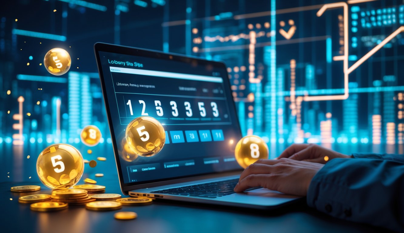 Seorang pengguna laptop di meja kerja modern dengan tampilan antarmuka lotere digital dan elemen keberuntungan di sekitarnya.