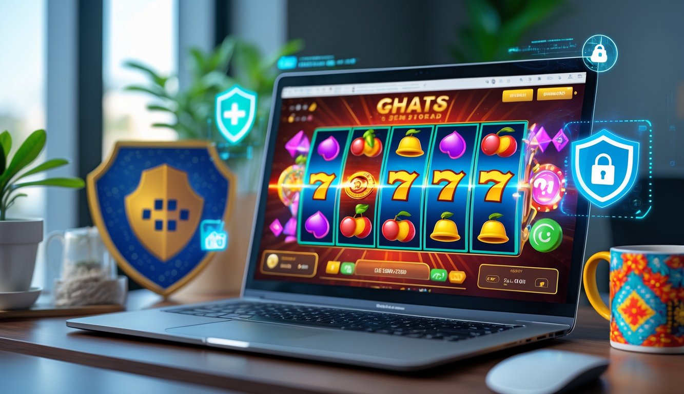 Sebuah laptop di meja kerja menampilkan layar permainan slot yang berwarna-warni dengan simbol buah dan angka tujuh, dikelilingi oleh elemen keamanan digital dan dekorasi kecil bertema Indonesia.