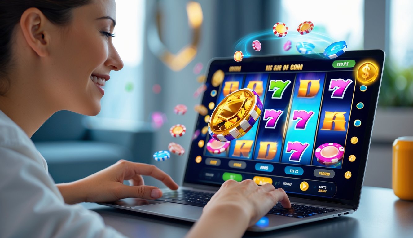 Seseorang sedang bermain permainan slot online di perangkat digital dengan latar ruangan modern dan pencahayaan terang.