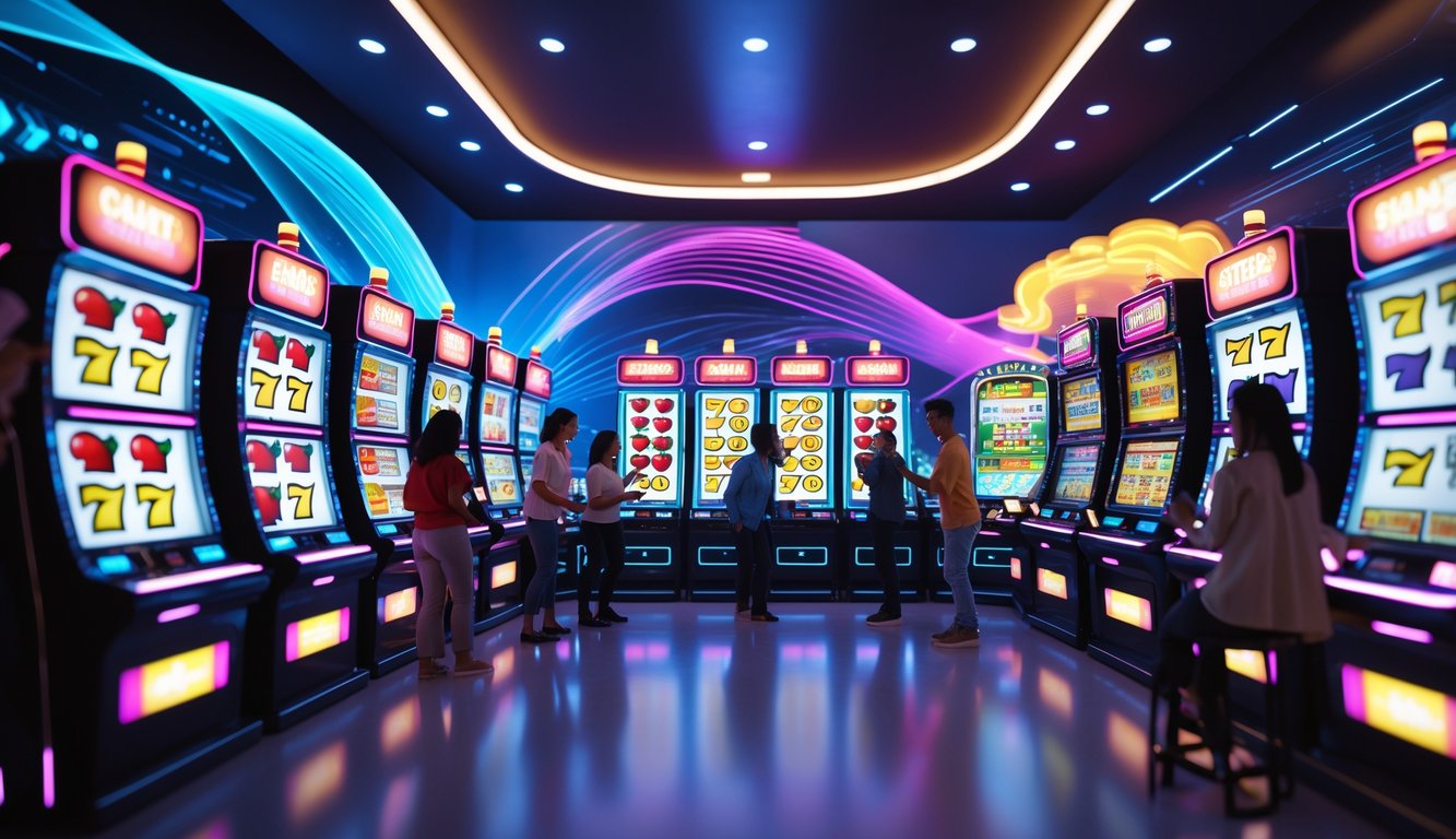 Orang-orang bermain mesin slot digital dengan latar belakang warna-warni dan suasana yang ceria.