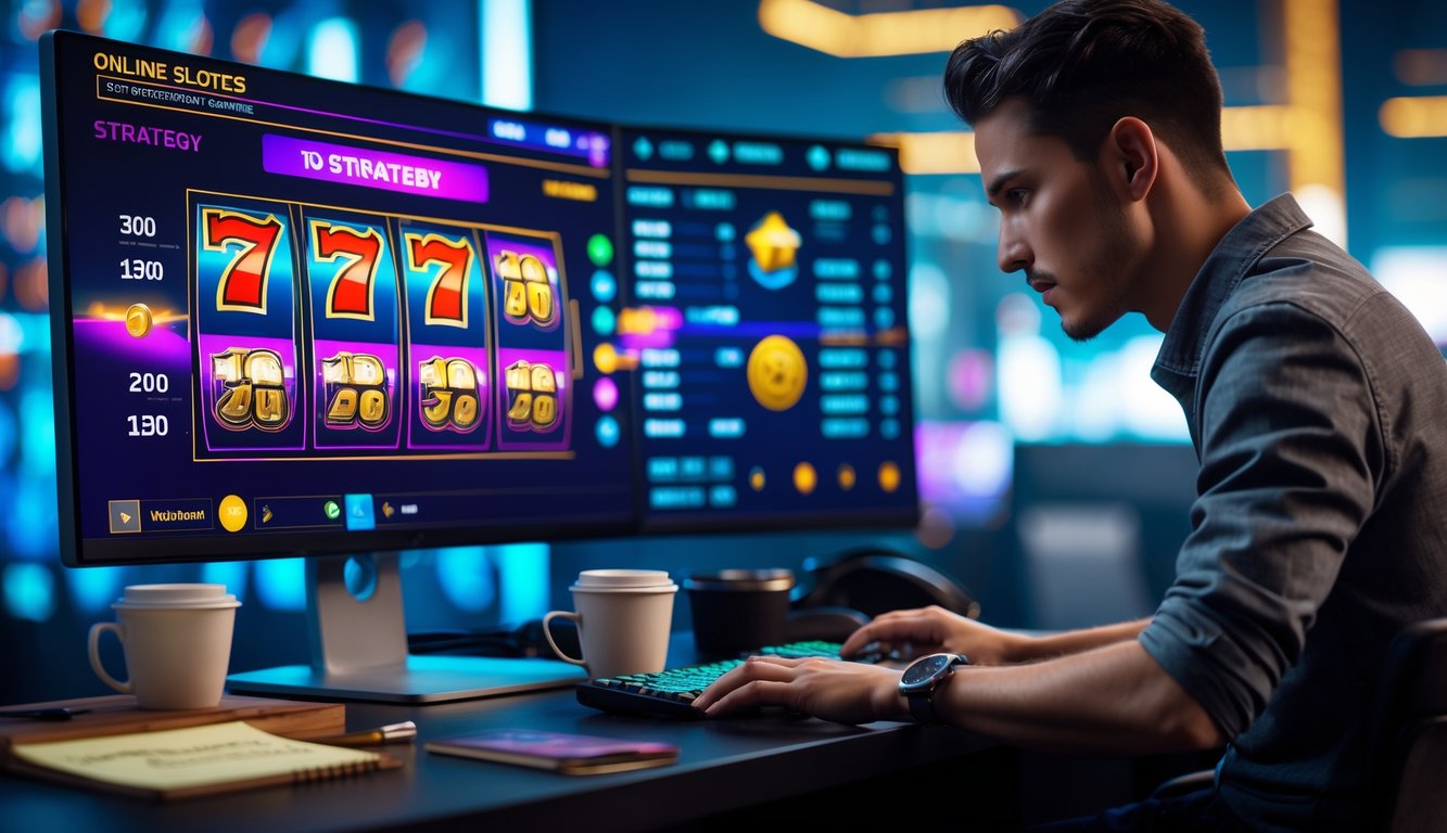 Seseorang sedang duduk di depan komputer dengan layar menampilkan permainan slot online dan grafik strategi.