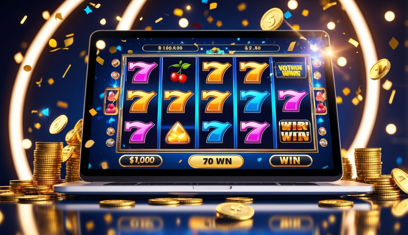 Sebuah layar komputer menampilkan permainan slot online dengan simbol warna-warni dan koin emas yang berkilauan di sekitarnya, menunjukkan suasana kemenangan jackpot.