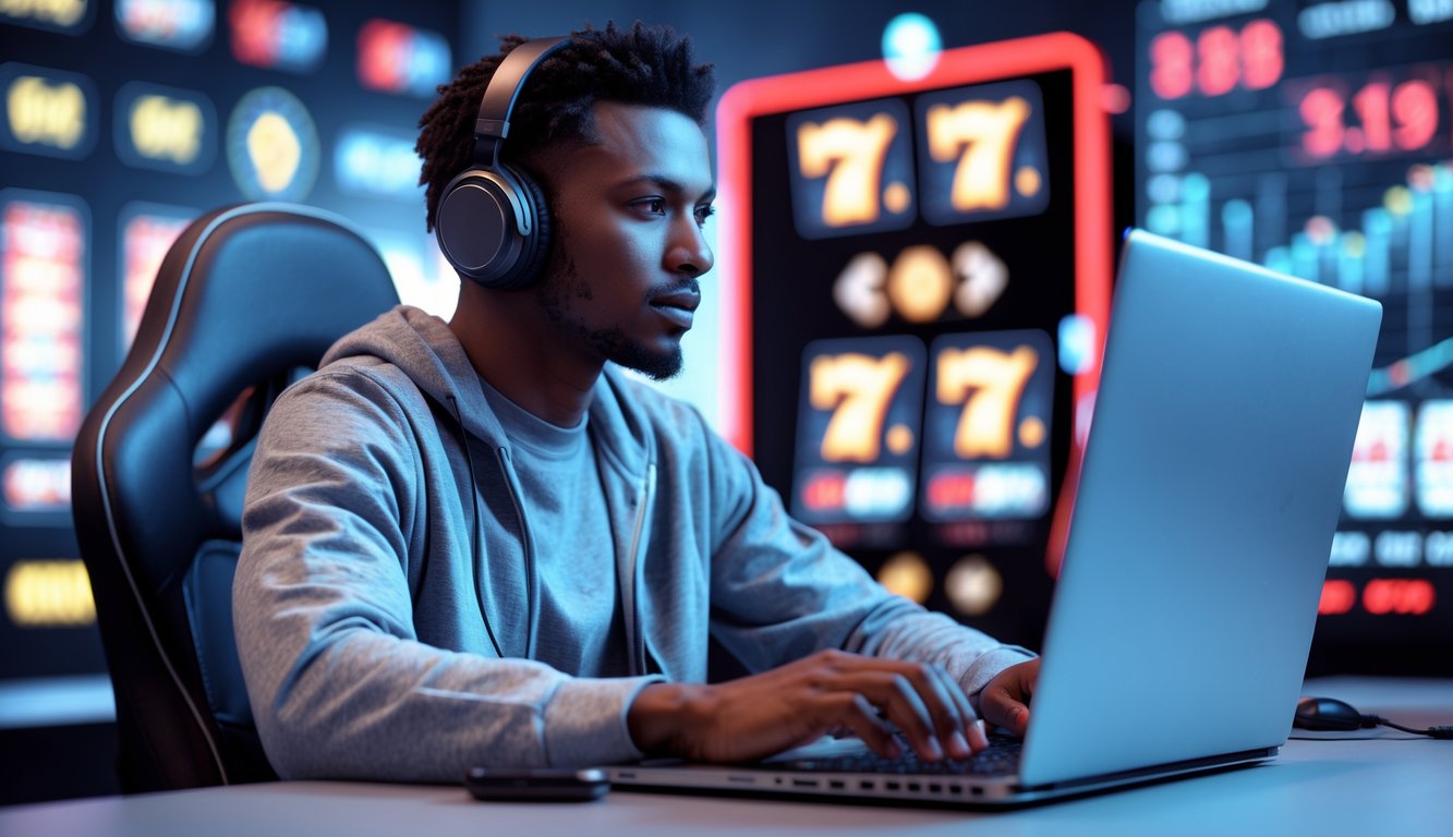 Seorang dewasa muda sedang bermain slot online di laptop dengan ekspresi fokus di ruang modern.