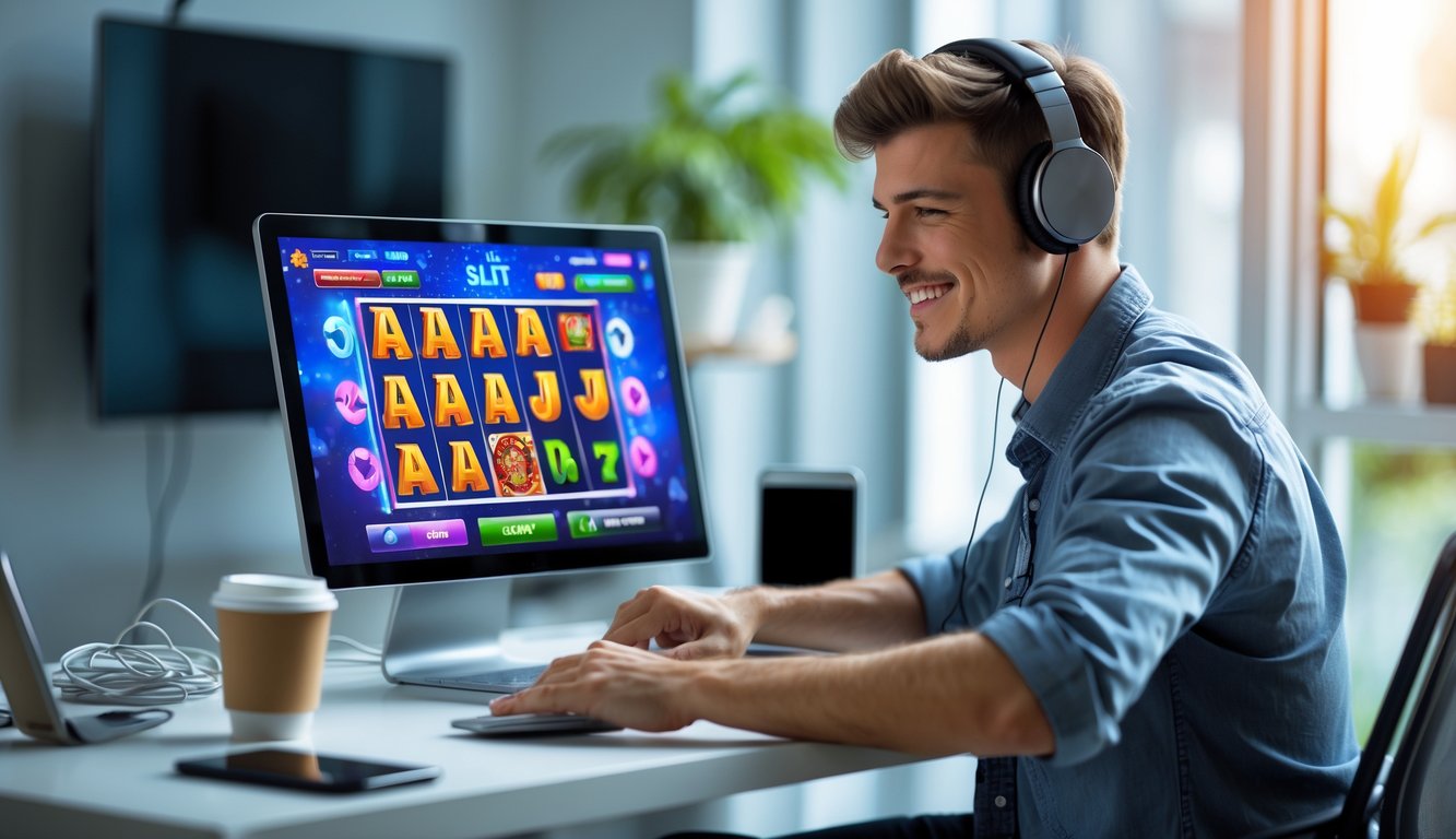 Seorang dewasa muda duduk di meja dengan laptop yang menampilkan permainan slot online, tampak fokus dan tersenyum di ruangan yang terang dan rapi.