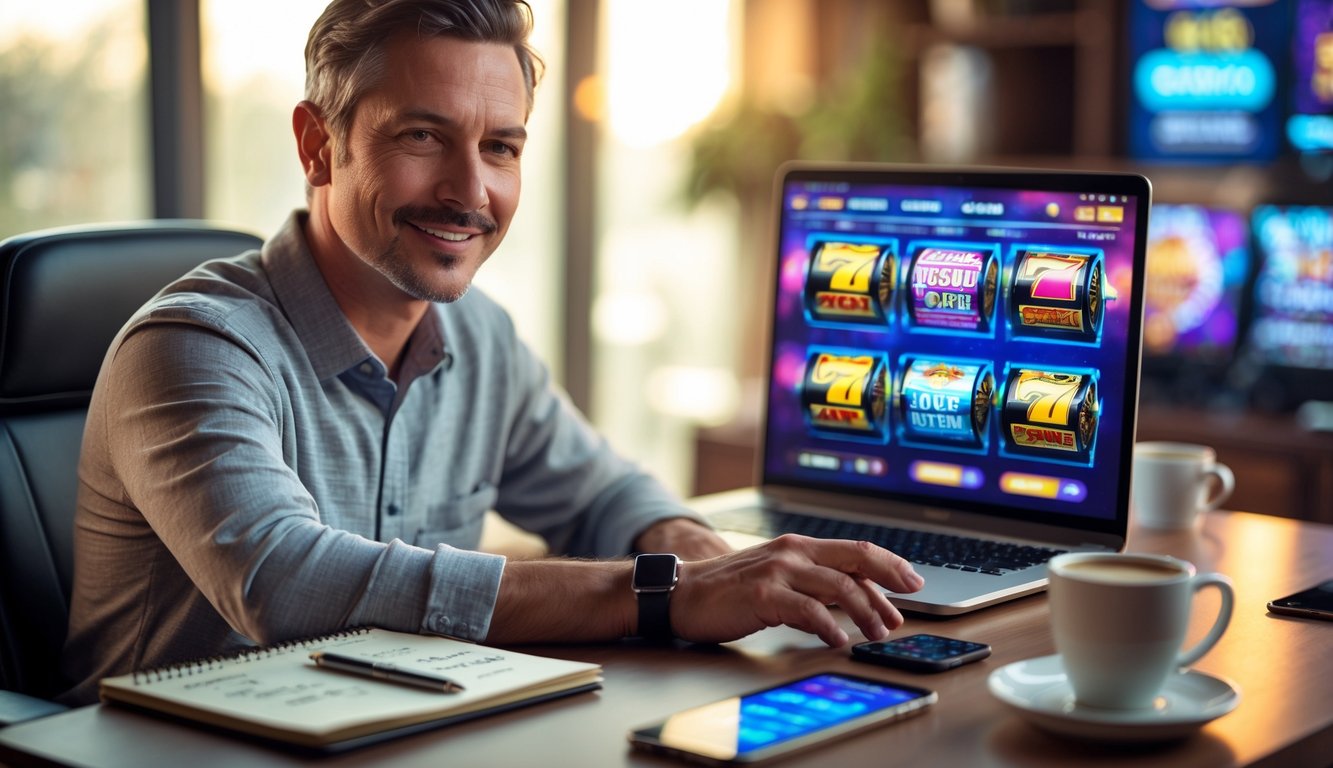 Seorang pria dewasa duduk di depan laptop yang menampilkan permainan slot online dengan ekspresi fokus dan percaya diri, dikelilingi oleh alat tulis dan minuman di meja.