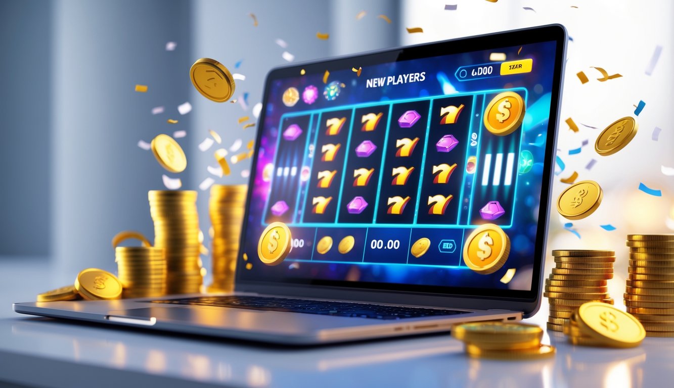 Seorang pria menggunakan laptop dengan tampilan permainan slot online berwarna-warni di layar, dikelilingi oleh koin dan dekorasi perayaan.