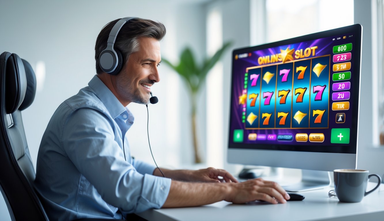 Seorang pria dewasa sedang fokus bermain permainan slot online di komputer dengan ekspresi percaya diri di sebuah ruangan yang terang dan rapi.