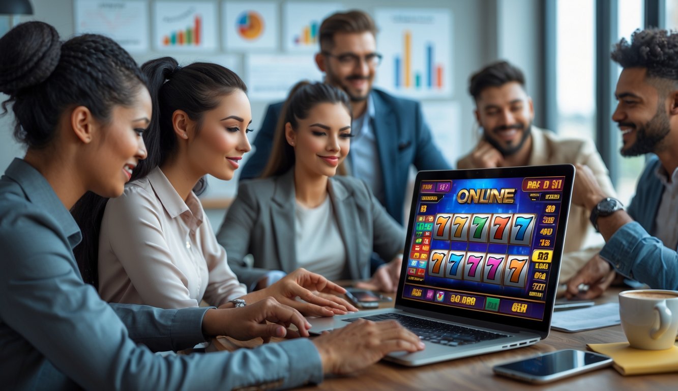 Orang-orang sedang bermain permainan slot online di laptop dan ponsel di sebuah ruang kerja modern.