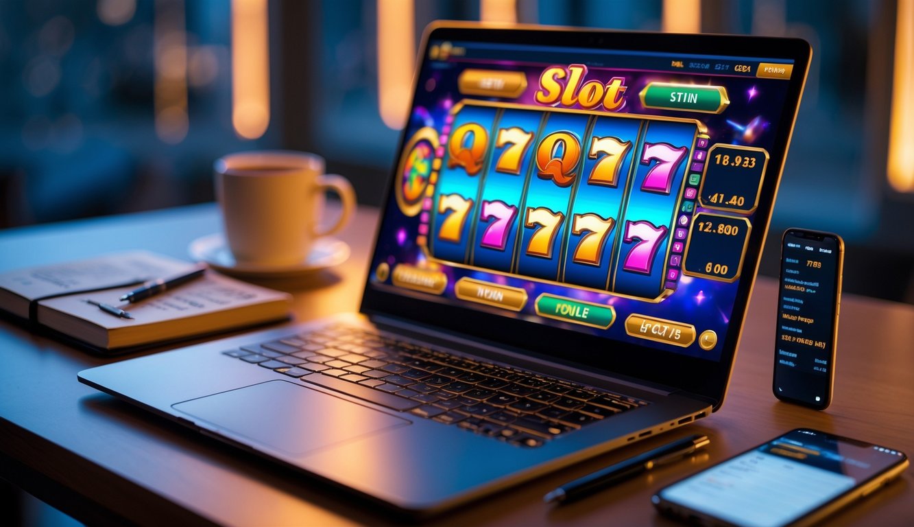 Sebuah meja kerja dengan laptop yang menampilkan permainan slot online, notebook, pena, dan secangkir kopi, menunjukkan suasana fokus dan persiapan bermain slot setiap hari.