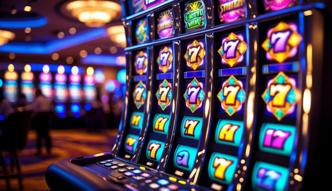 Mesin slot kasino modern dengan gulungan berputar dan banyak simbol scatter terlihat, suasana kasino yang ramai dan terang.