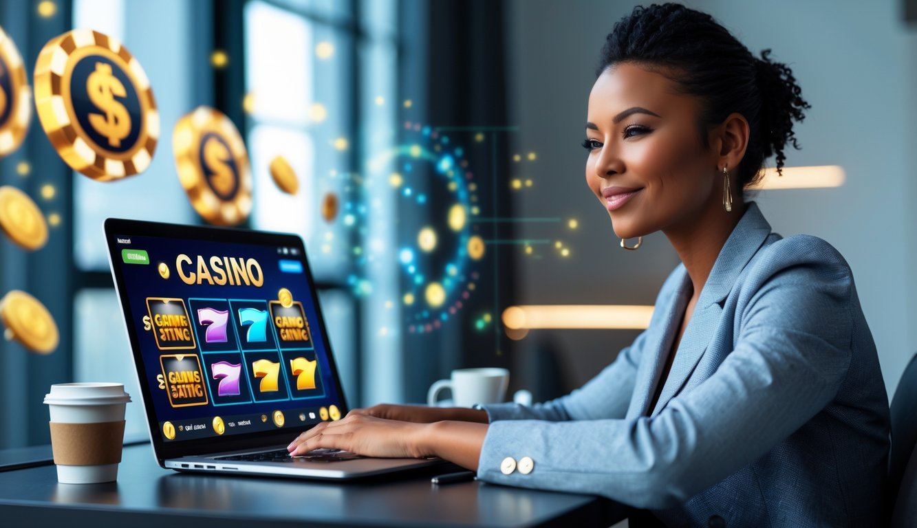 Seseorang duduk di meja dengan laptop yang menampilkan permainan slot online, tampak fokus dan percaya diri.