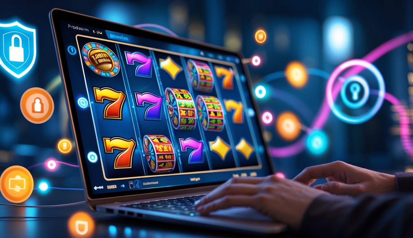 Layar komputer menampilkan mesin slot online dengan kombinasi kemenangan dan ikon keamanan di sekitarnya.