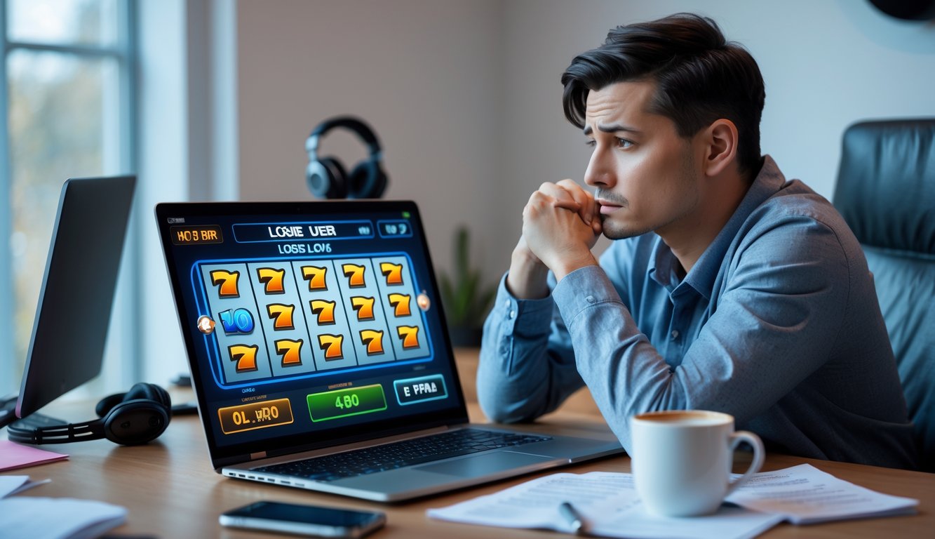 Seseorang duduk di depan laptop dengan ekspresi berpikir sambil melihat layar permainan slot online yang menunjukkan hasil kalah.