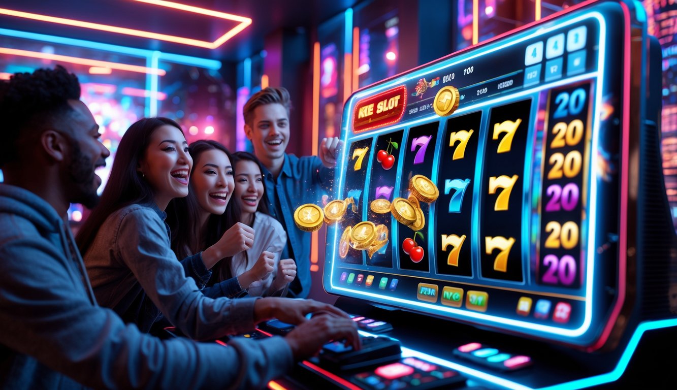 Orang-orang muda merayakan kemenangan besar pada permainan slot digital di ruang permainan modern dengan lampu neon dan suasana menyenangkan.