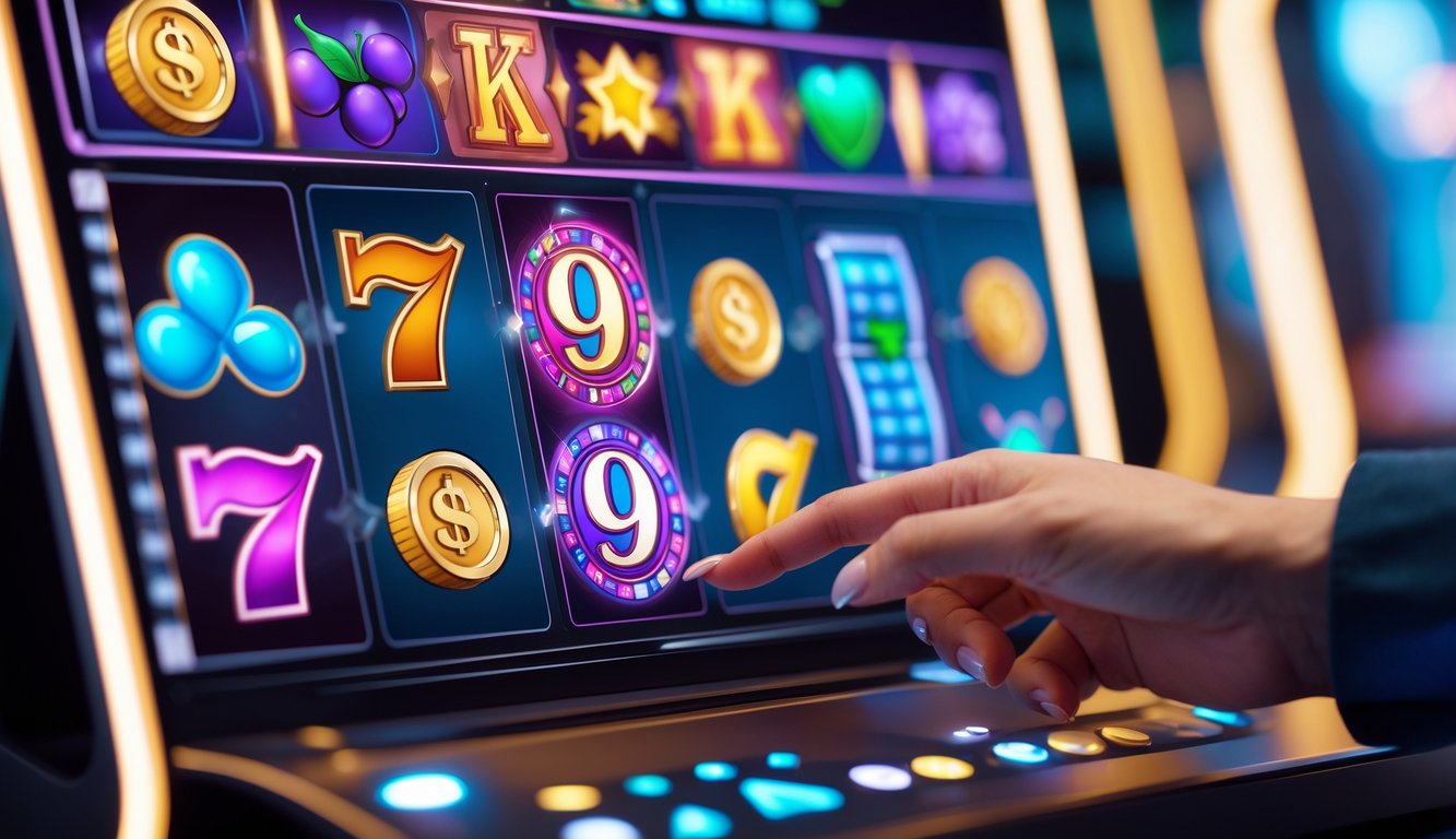 Seorang pengguna sedang bermain slot online di layar komputer dengan simbol warna-warni dan suasana kasino digital yang modern.