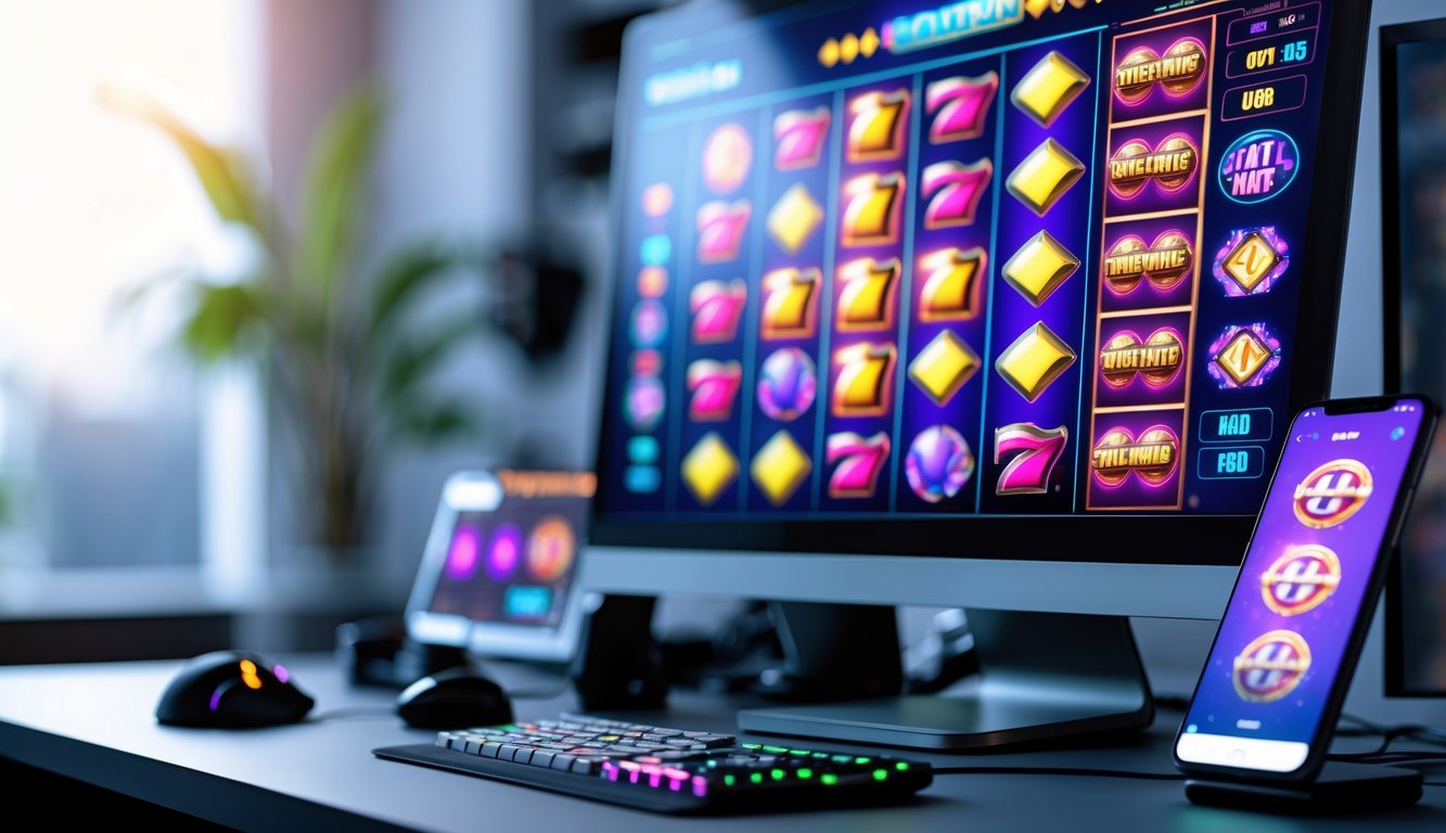 Sebuah meja kerja dengan komputer menampilkan permainan slot berwarna-warni dan perangkat teknologi di sekitarnya.