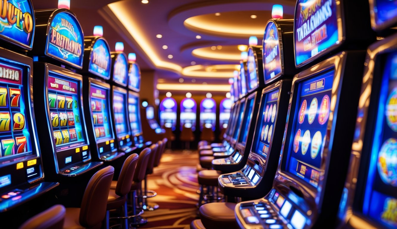 Suasana kasino modern dengan mesin slot berwarna cerah dan lampu yang menyala, menunjukkan lingkungan permainan yang menyenangkan dan terpercaya.
