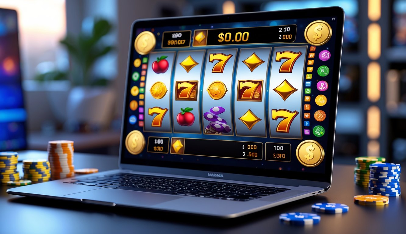 Layar komputer menampilkan permainan slot online dengan simbol warna-warni dan elemen terkait permainan di sekitar perangkat.