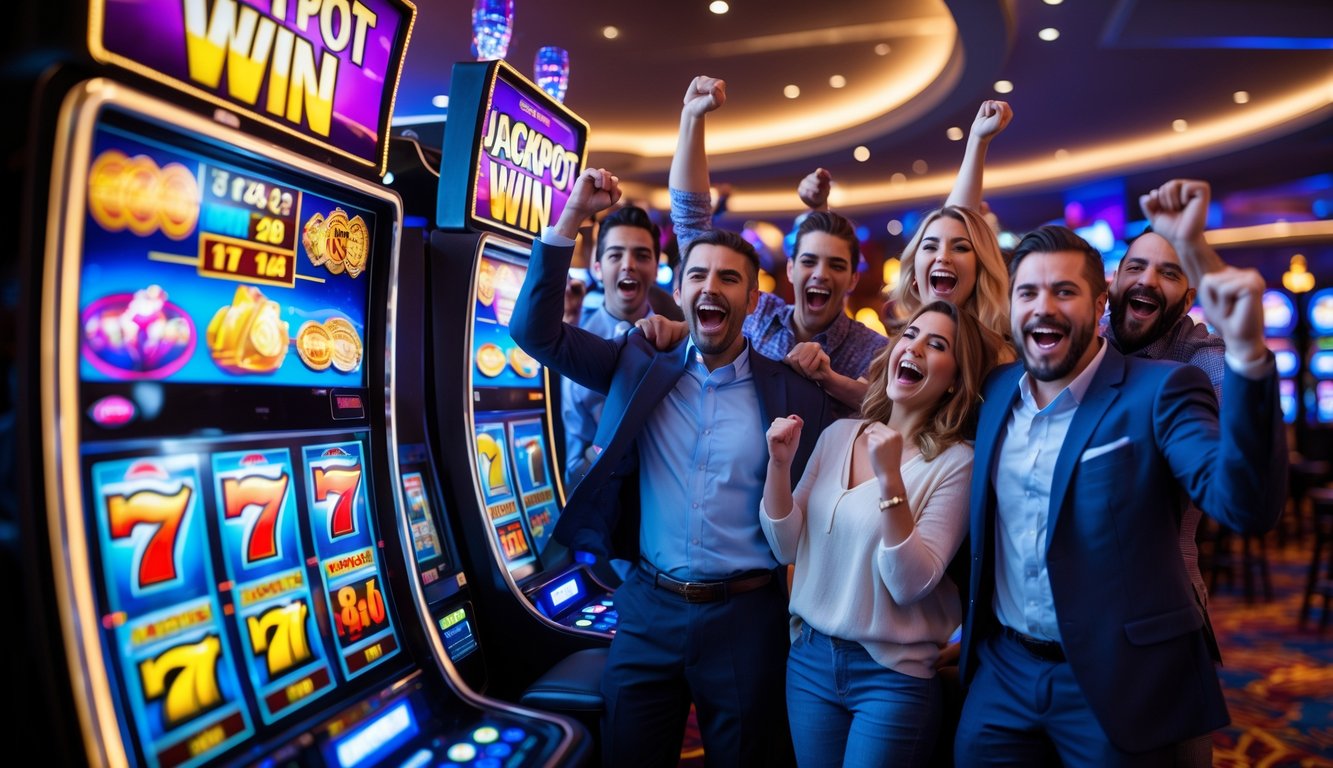 Orang-orang merayakan kemenangan jackpot besar di mesin slot di dalam kasino yang ramai.