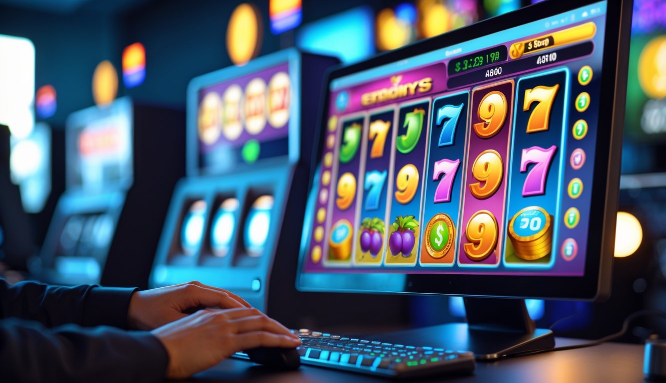 Seseorang bermain mesin slot online di komputer dengan latar belakang ruangan yang modern dan pencahayaan terang.