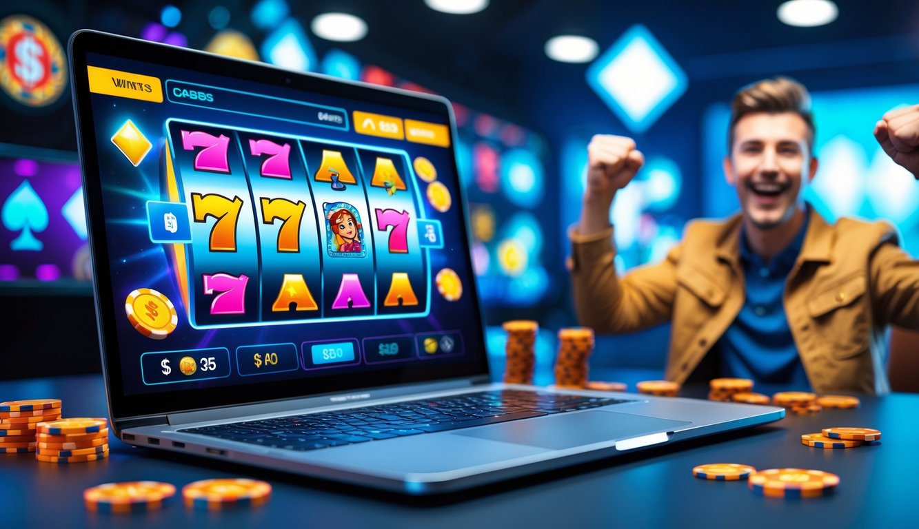 Seseorang muda yang bahagia duduk di depan laptop dengan tampilan permainan slot online berwarna-warni pada layar.