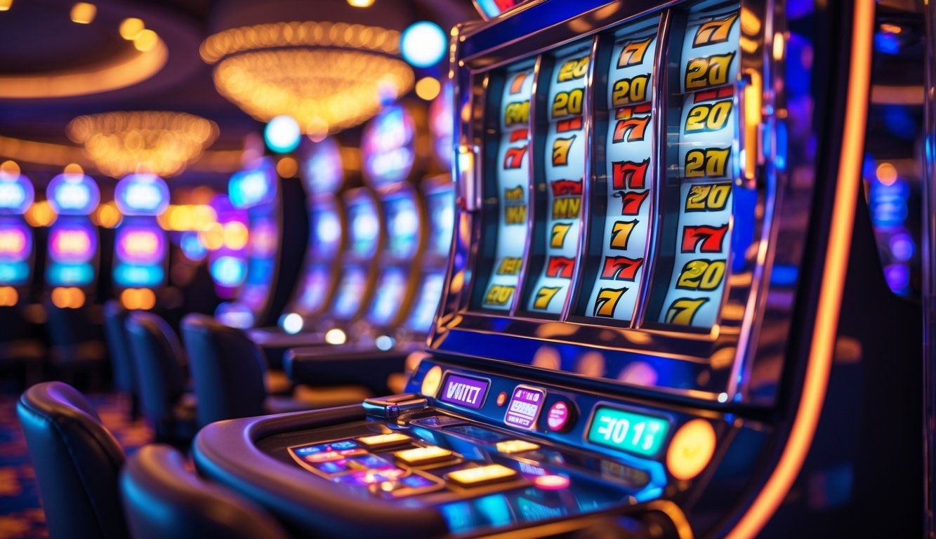 Mesin slot berwarna-warni dengan gulungan yang berputar di dalam kasino yang ramai dan terang.