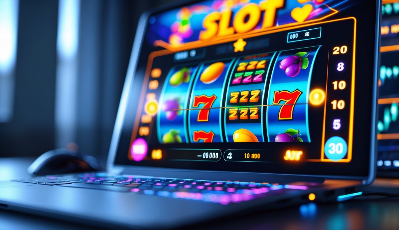 Layar komputer menampilkan permainan slot online dengan simbol warna-warni dan elemen data waktu nyata di sekitar meja kerja minimalis.