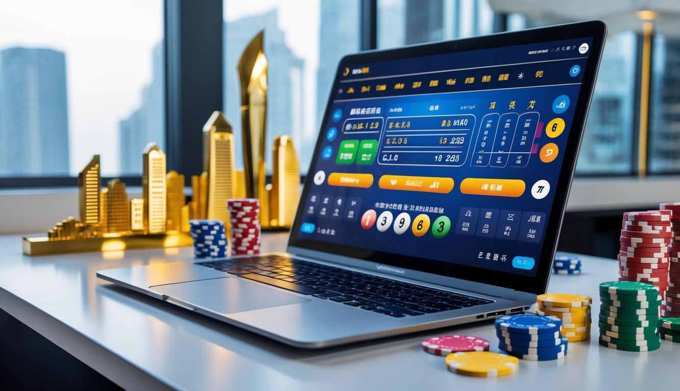 Meja kerja dengan laptop menampilkan antarmuka taruhan online bertema Macau, dengan miniatur gedung Macau, tumpukan chip poker, dan bola lotere di sekitarnya.