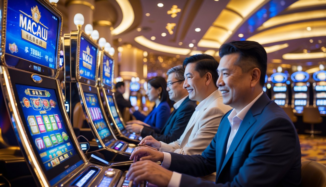 Suasana lantai kasino modern di Macau dengan pemain yang sedang bermain mesin slot dan terminal taruhan elektronik.