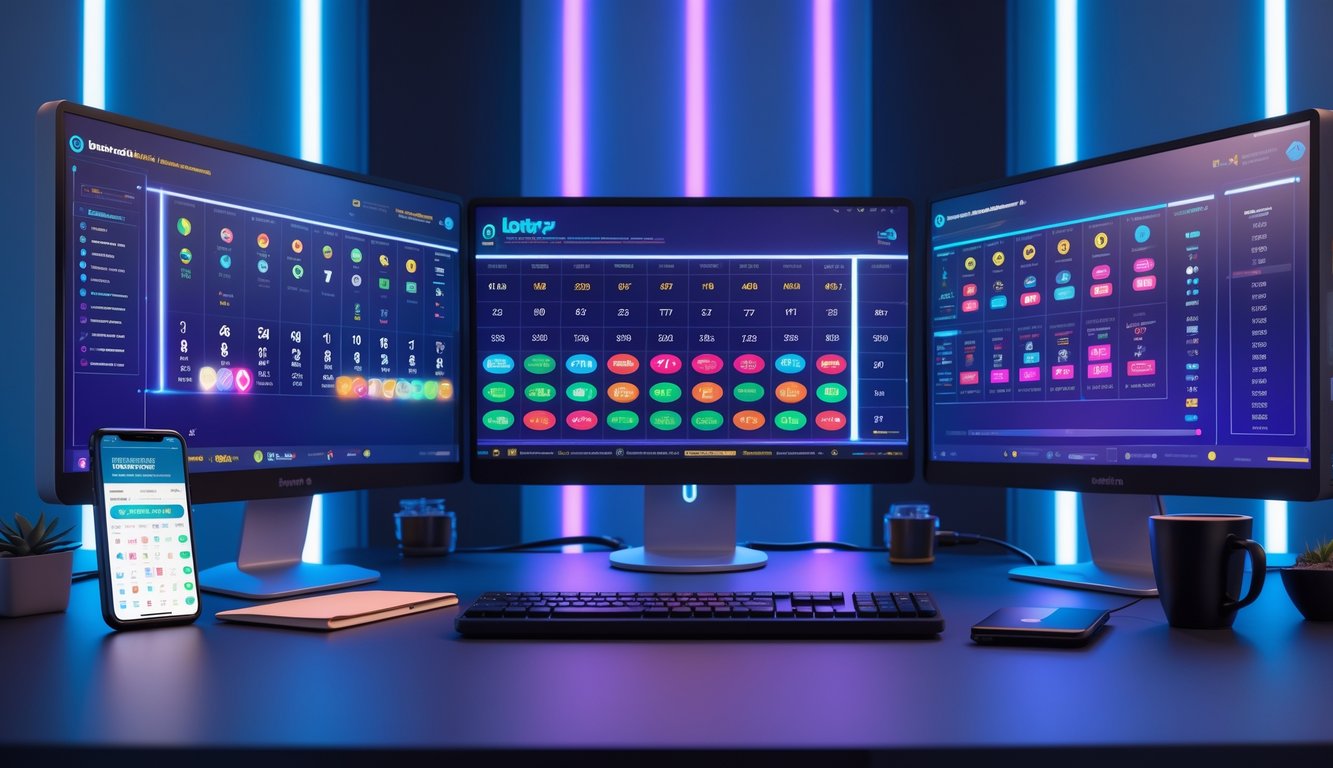 Sebuah meja kerja dengan komputer dan beberapa layar menampilkan grafik dan angka terkait lotere online, dengan pencahayaan biru dan ungu di latar belakang.