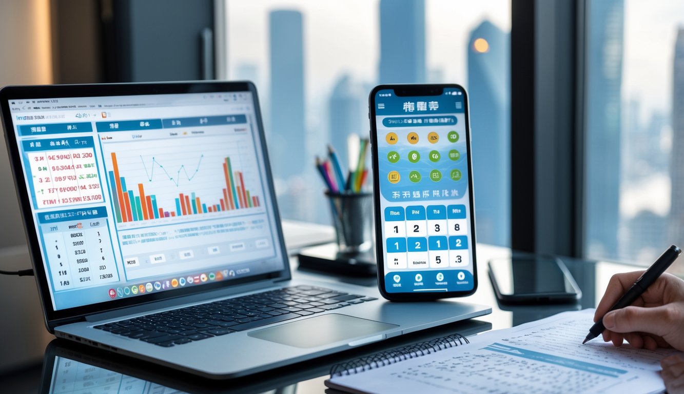 Meja kerja modern dengan laptop, ponsel, dan catatan yang menunjukkan aktivitas prediksi togel Macau.