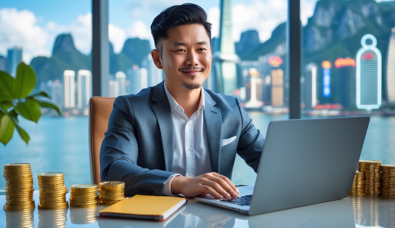 Seorang pria Asia duduk di meja dengan laptop dan koin emas, latar belakang pemandangan kota Macau.