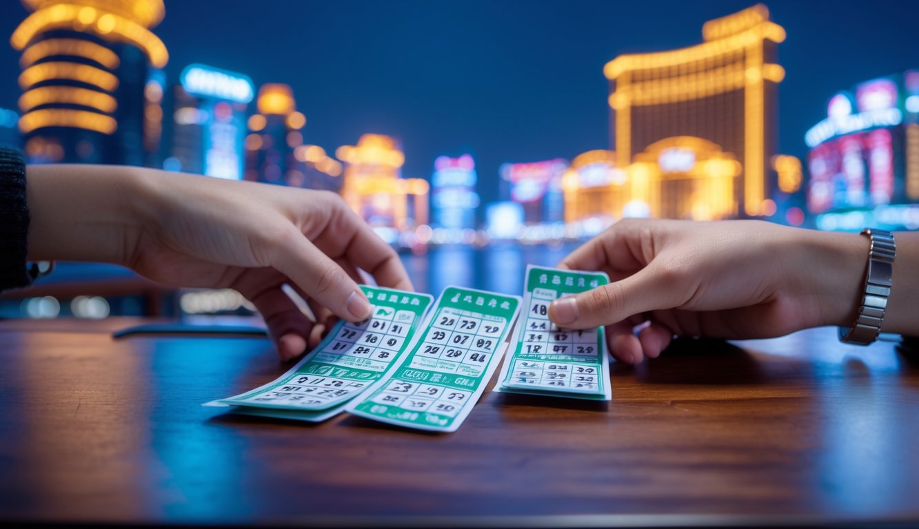 Tangan seseorang memegang tiket lotere di atas meja kayu dengan latar belakang kota Macau yang bercahaya.