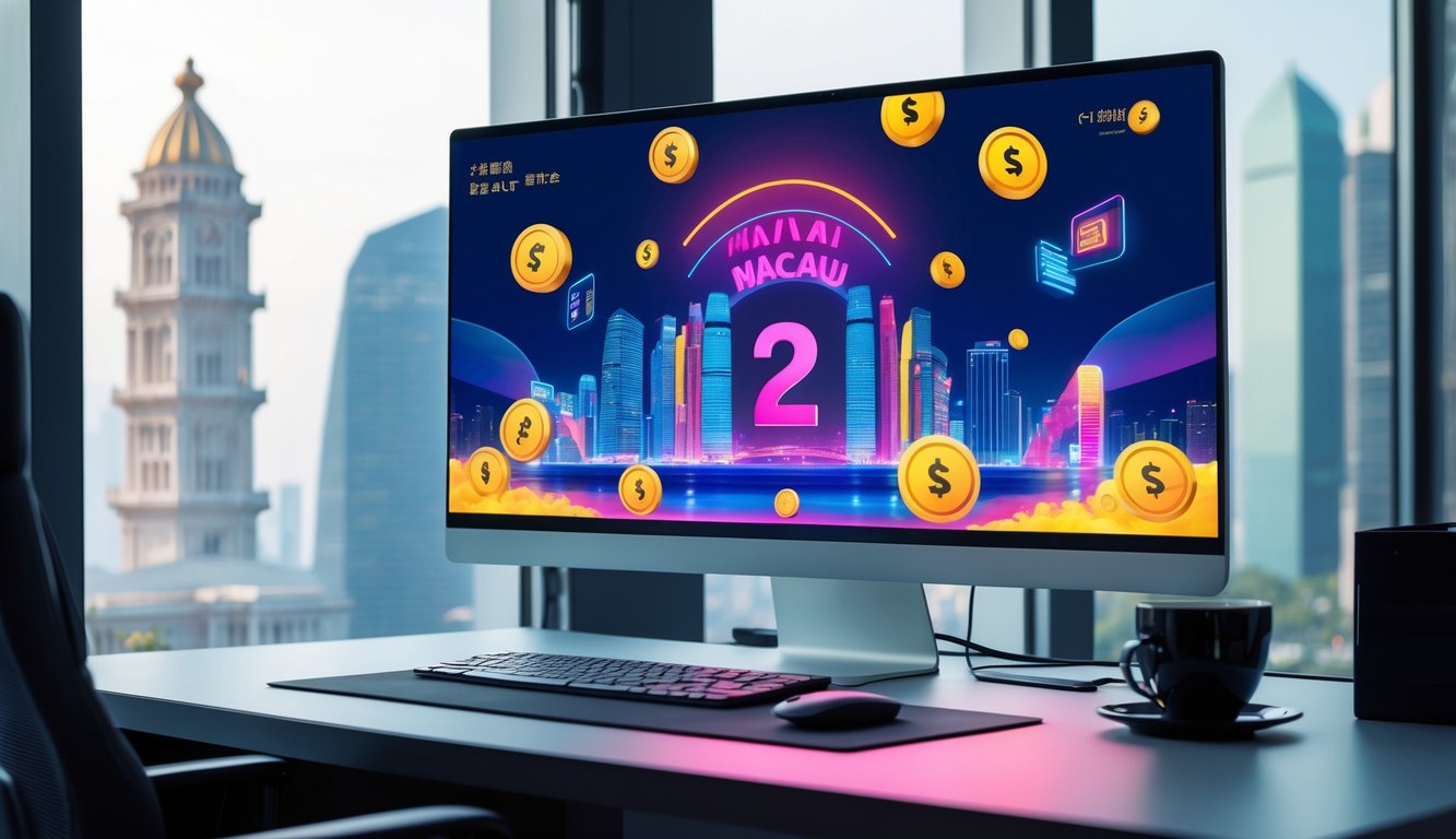 Meja kerja modern dengan komputer menampilkan grafik warna-warni bertema permainan dan landmark Macau di latar belakang.