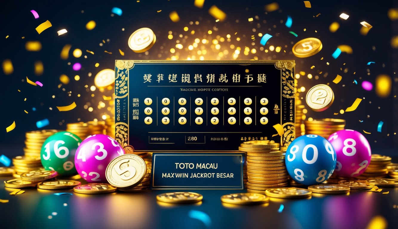 Gambar tiket lotre dengan koin emas dan bola lotre berwarna-warni di latar belakang gelap dengan efek cahaya yang menonjolkan suasana keberuntungan dan kemenangan besar.