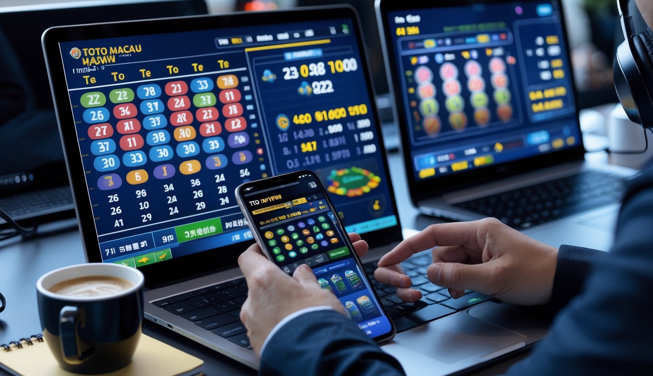 Seorang pengguna sedang bermain judi online dengan laptop dan ponsel di meja kerja yang rapi.