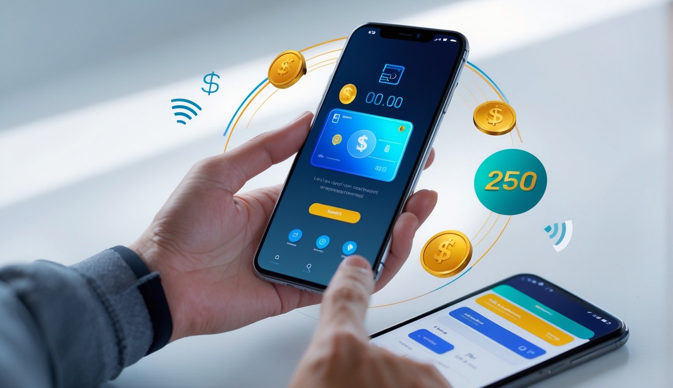 Tangan memegang ponsel dengan layar aplikasi pembayaran digital yang menunjukkan transaksi berhasil.